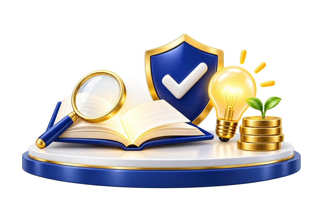 Illustration of an open book, magnifying glass, check-mark shield, light bulb and a coin stack with a sprout.