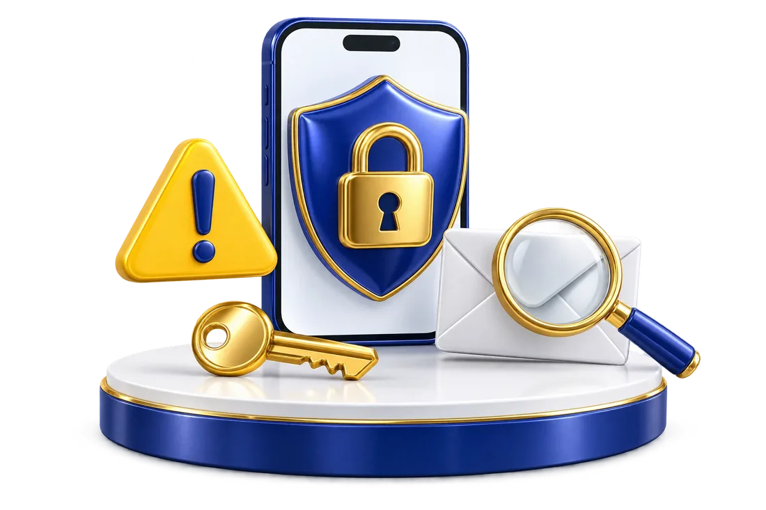 Illustration of a smartphone protected by a shield and padlock, a warning badge, a key and a magnifying glass over an envelope.