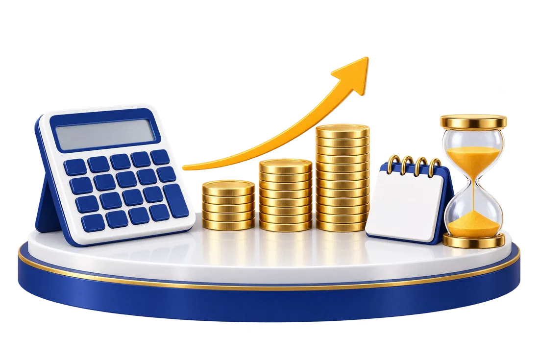 Illustration of a calculator, rising stacks of coins, a calendar, an hourglass and an upward ribbon arrow.