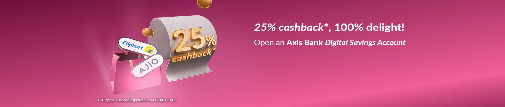Original Axis Bank 25 percent cashback savings-account campaign banner. Copied design reference only, not an offer available on this site.