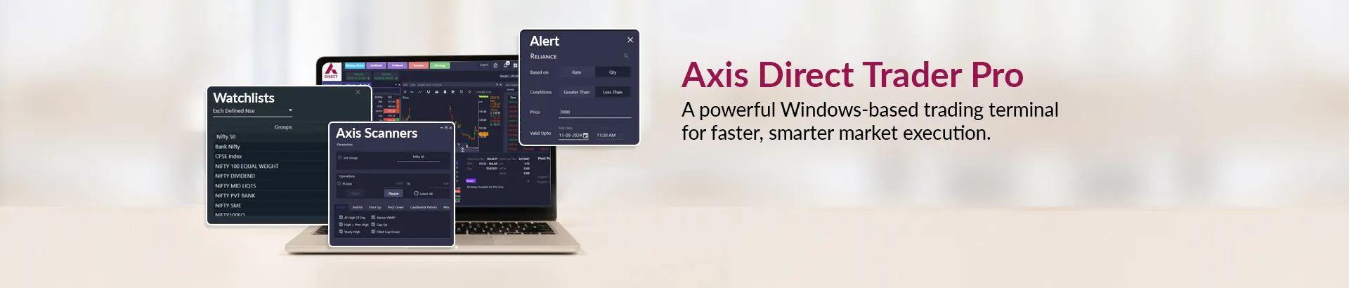 Original Axis Direct Trader Pro desktop-platform campaign artwork. Reference design only; no download or trading functionality is provided.